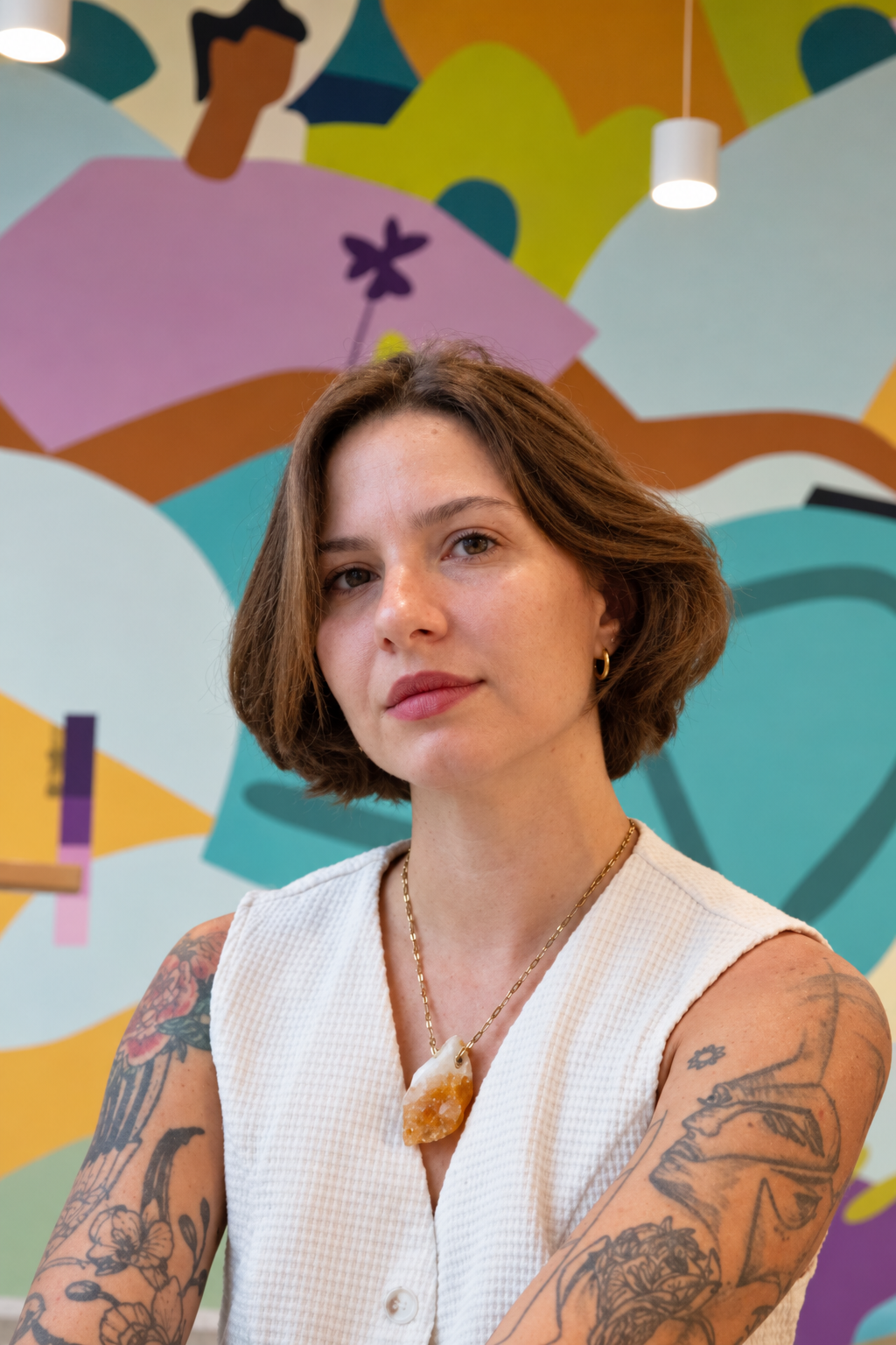 Retrato de Marcela Amaro diante de sua pintura mural